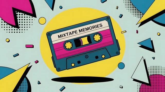 Retro Pop Art Cassette Tape with Geometric Shapes - Powered by Adobe