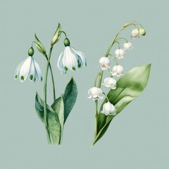 Delicate white flowers, snowdrops and lilies of the valley, botanical illustration