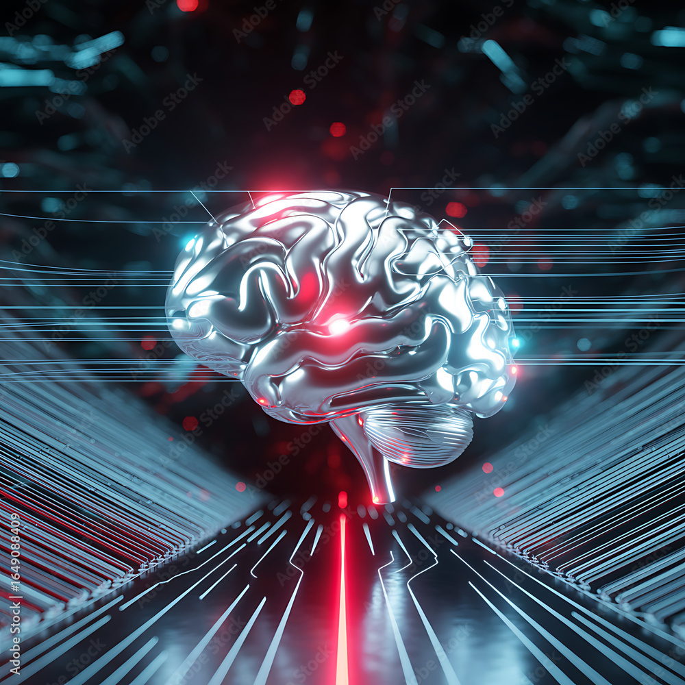 Poster futuristic ai brain with glowing circuits, representing artificial intelligence, machine learning, a