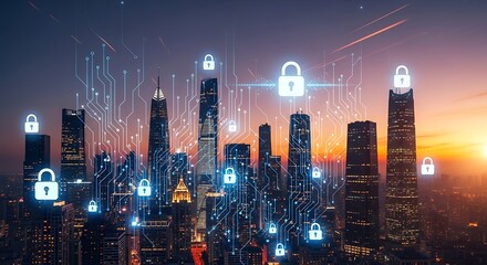 Futuristic Cityscape with Digital Security Network and Padlock Icons at Sunset