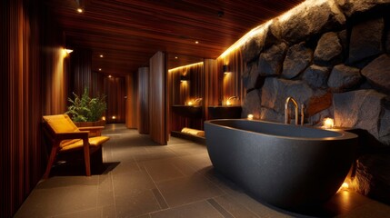 Luxurious spa retreat experience modern bathroom interior design relaxing atmosphere panoramic view wellness concept