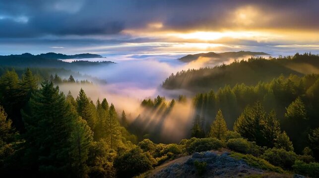 Foggy valley at sunrise with hills and mist covering green mountains calmly