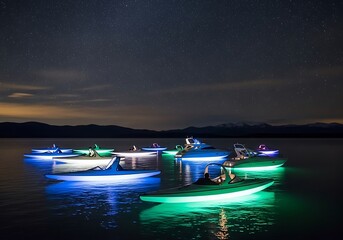 Obraz premium Illuminated Boats on a Starry Lake at Night