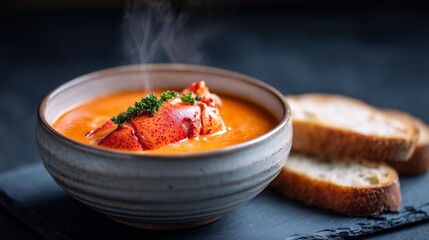 Creamy lobster bisque served in a rustic bowl, garnished with fresh herbs, accompanied by slices of crusty bread on a dark slate surface, showcasing gourmet culinary presentation