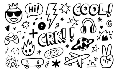 Hand-drawn doodle vector set with cool icons like skulls, smiley faces, lightning bolts, game controller, and more. Perfect for t-shirts, stickers, and streetwear graphics. 