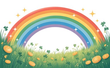 Colorful Rainbow, Sparkling Stars, and Golden Coins in a Green Field