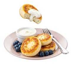 Syrnyky (Ukrainian cheese pancakes) with sour cream , isolated on transparent background, png