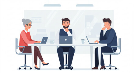 Three people sitting at a table working on laptops in a brightly lit office environment setting scene vreated with genrated ai