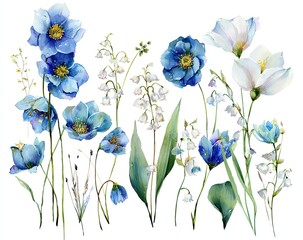 Fototapeta premium Watercolor floral arrangement featuring various shades of blue and white flowers, including anemones, lilies of the valley, and tulips. Delicate greenery adds to the composition