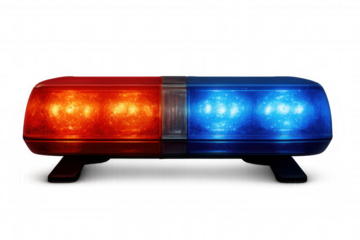 Police emergency lights blinking red and blue, casting dramatic silhouettes against transparent backdrop, signaling urgent law enforcement scenario