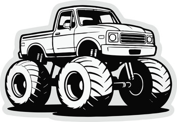 black and white vector illustration of monster truck with oversized tires grille headlights offroad automotive design © AIcon Star