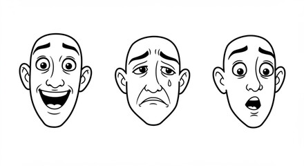 Three cartoon faces showing different emotions including happy sad and surprised expressions drawn in black vreated with genrated ai