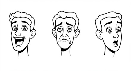 Fototapeta premium Illustration of three cartoon faces showing different emotions including happiness sadness and surprise expression vreated with genrated ai