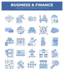 Collection of 25 Business & Finance Icons. Financial Data. Money. Currency. Global Business. E-commerce