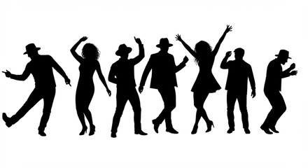 Silhouettes of people dancing in various poses with hats and dresses on a white background stage performance vreated with genrated ai