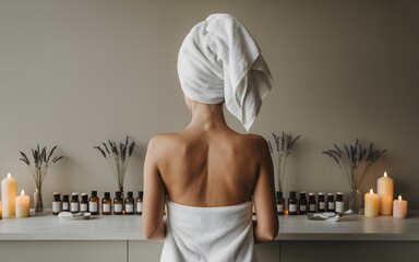 Serene Back View of Woman in Towel, Spa Setting with Candles and Oils