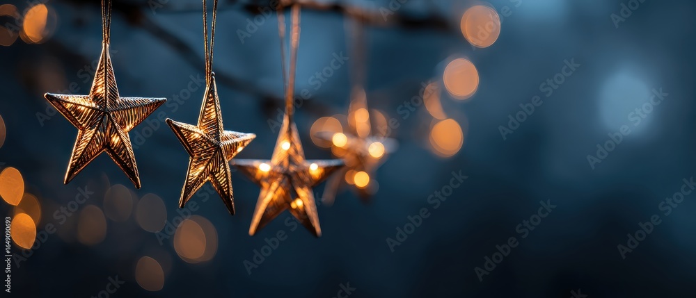 Poster glimmering star ornaments hang from a branch, illuminated by warm bokeh lights, creating a magical a