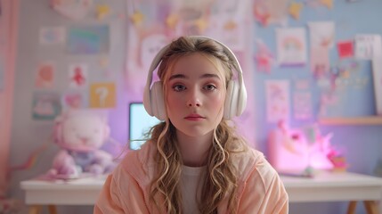 Girl wearing headphones. picture of a teen with noise-canceling headphones in a pastel-drenched pink and mint pastel colors bedroom classroom.
