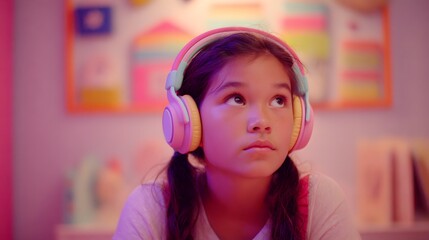 Girl wearing headphones. picture of a teen with noise-canceling headphones in a pastel-drenched pink and mint pastel colors bedroom classroom.