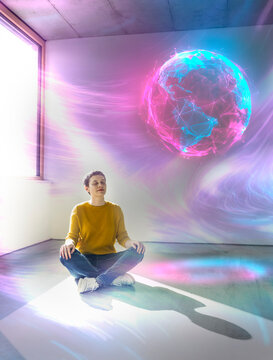 Woman composing in futuristic setting with virtual data globe
