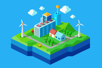 Fototapeta premium Isometric vector illustration of wind turbines and a power plant generating green energy in an urban residential area with trees and a factory