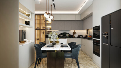 modern kitchen interior with kitchen, modern kitchen, modern kitchen interior, 3d, Rendering