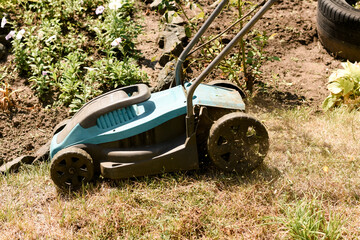 Photo of a lawn mower cutting a green lawn. A flower bed is visible in the background, with freshly...