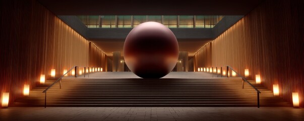 Illuminated sphere showcased in striking urban plaza contemporary design photography eye-level view of urban aesthetics