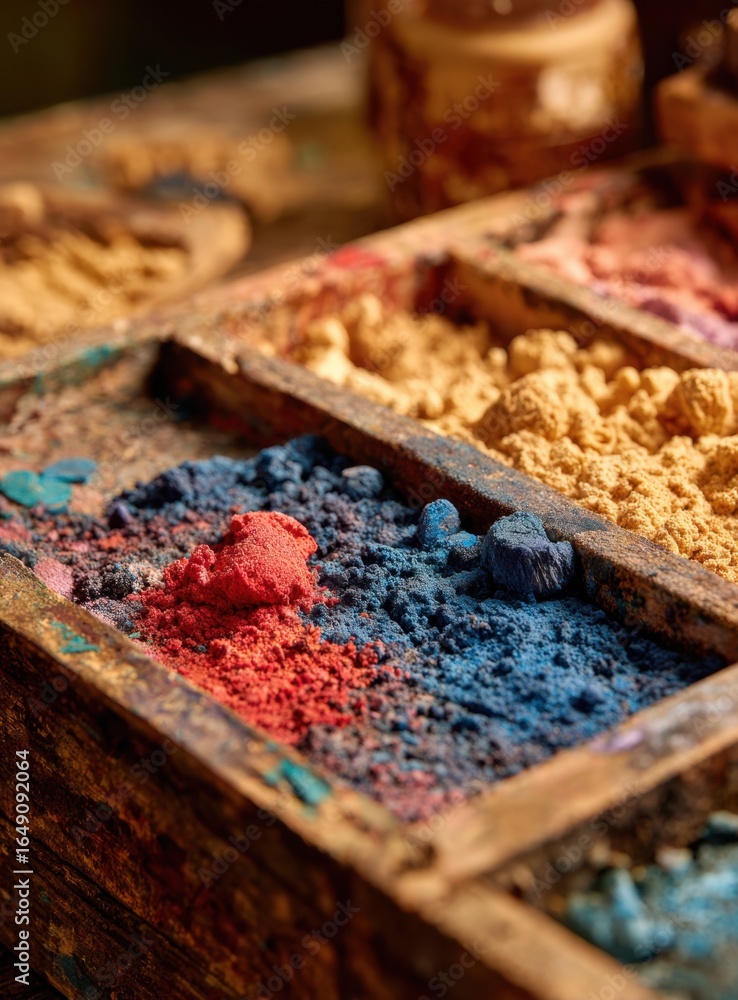 Poster a vibrant assortment of colorful powders meticulously arranged in wooden containers, showcasing a di