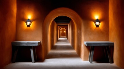 Exploring an atmospheric corridor with warm lanterns historic building photography calm environment perspective serenity