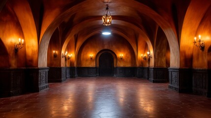 Mysterious gothic hallway abandoned castle interior photography dimly lit ground level eerie atmosphere