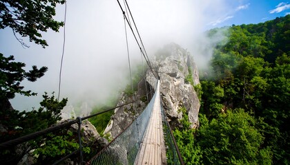 Obraz premium Mountaintop suspension bridge, fog