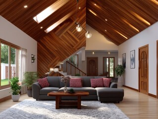 Modern living room design cozy home interior photography warm environment wide angle aesthetic appeal