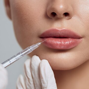 Dermal Filler Treatment For Lips And Perioral Area, Professional Gloves Holding Syringe, Neutral Clinical Background, Soft Diffused Lighting Emphasizing Natural Lip Contours, Instruments Visible, Hy
