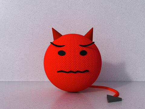 3d rendering of a knitted devil emoji with humorous expression