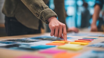 Obraz premium A person's hand carefully selects a color from a collection of vibrant hues, ready for a design project.