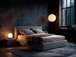 Cozy bedroom retreat urban loft interior design modern atmosphere nighttime view tranquil comfort for restful sleep