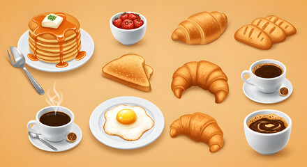 Delicious breakfast spread featuring pancakes, fried egg, toast, croissants, coffee, and berries