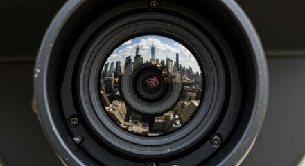 A vibrant city skyline is reflected in the optical lens of a camera.