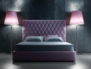 Stylish pink bed with elegant lamps modern bedroom interior design contemporary setting cozy atmosphere