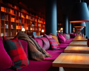 Experience cozy lounge area design modern interior for comfort and relaxation in a warm ambiance wide angle view