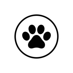 Fototapeta premium Pet Paw Print Icon - Circle Bordered Black and White Design, paw print icon.