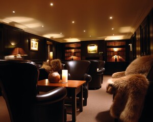 Cozy reading experience luxurious library interior design dim lighting intimate atmosphere comfort