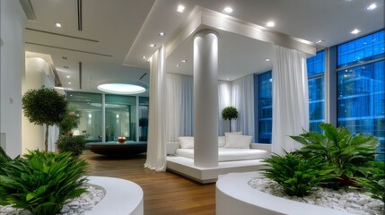 Modern indoor lounge design urban apartment interior photography minimalist style wide angle contemporary aesthetics
