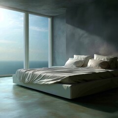 Serene morning scene modern apartment interior design coastal view minimalist aesthetic tranquil ambiance