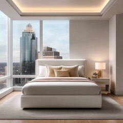 Modern bedroom with city view luxury apartment interior design urban environment panoramic view contemporary style