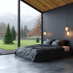 Modern minimalist bedroom design serene mountain view interior cozy atmosphere wide angle tranquility and comfort