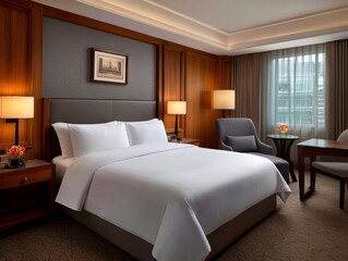 Luxurious hotel room urban setting interior photography contemporary design inviting atmosphere comfort focus