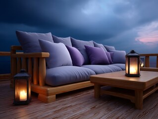 Cozy evening gathering outdoor balcony living space serene atmosphere relaxing view comfort in nature