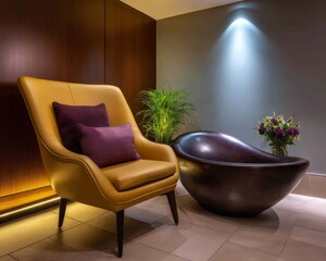 Elegant lounge chair and modern sculpture contemporary interior relaxation space cozy ambiance stylish design